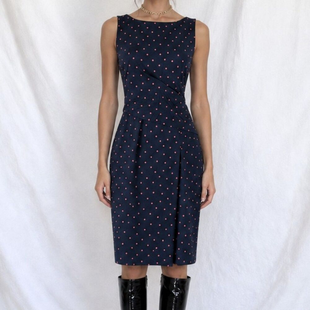 Vintage Y2K Navy Blue Polka Dot Knee Length Knit Bodycon Cocktail Dress Size M